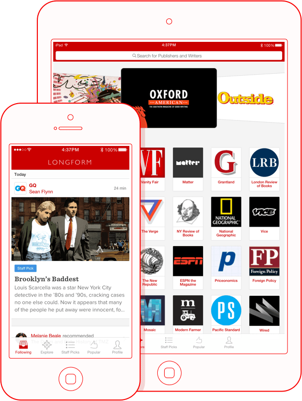 Stylized screenshots of the Longform app in iPad and iPhone.